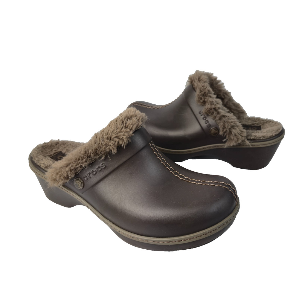 Crocs Women Size 7 Cobbler Ava Faux Fur Lined Clogs Mule Casual Brown EUC!‎
